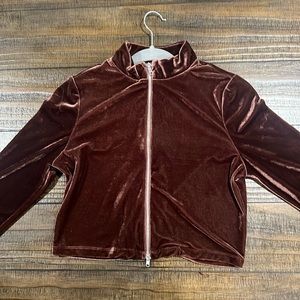 Liz & Sara Satin Maroon Velvet Slightly Crop Top Two-way Zipper Jacket